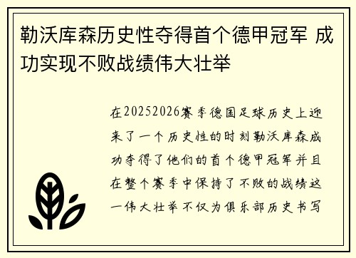 勒沃库森历史性夺得首个德甲冠军 成功实现不败战绩伟大壮举 勒沃库森历史性夺得首个德甲冠军 成功实现不败战绩伟大壮举