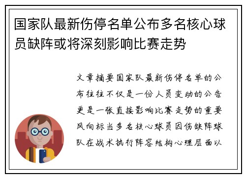 国家队最新伤停名单公布多名核心球员缺阵或将深刻影响比赛走势