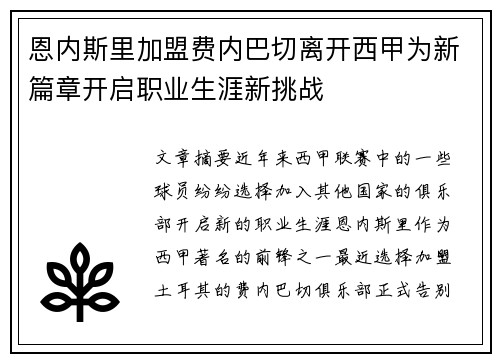 恩内斯里加盟费内巴切离开西甲为新篇章开启职业生涯新挑战